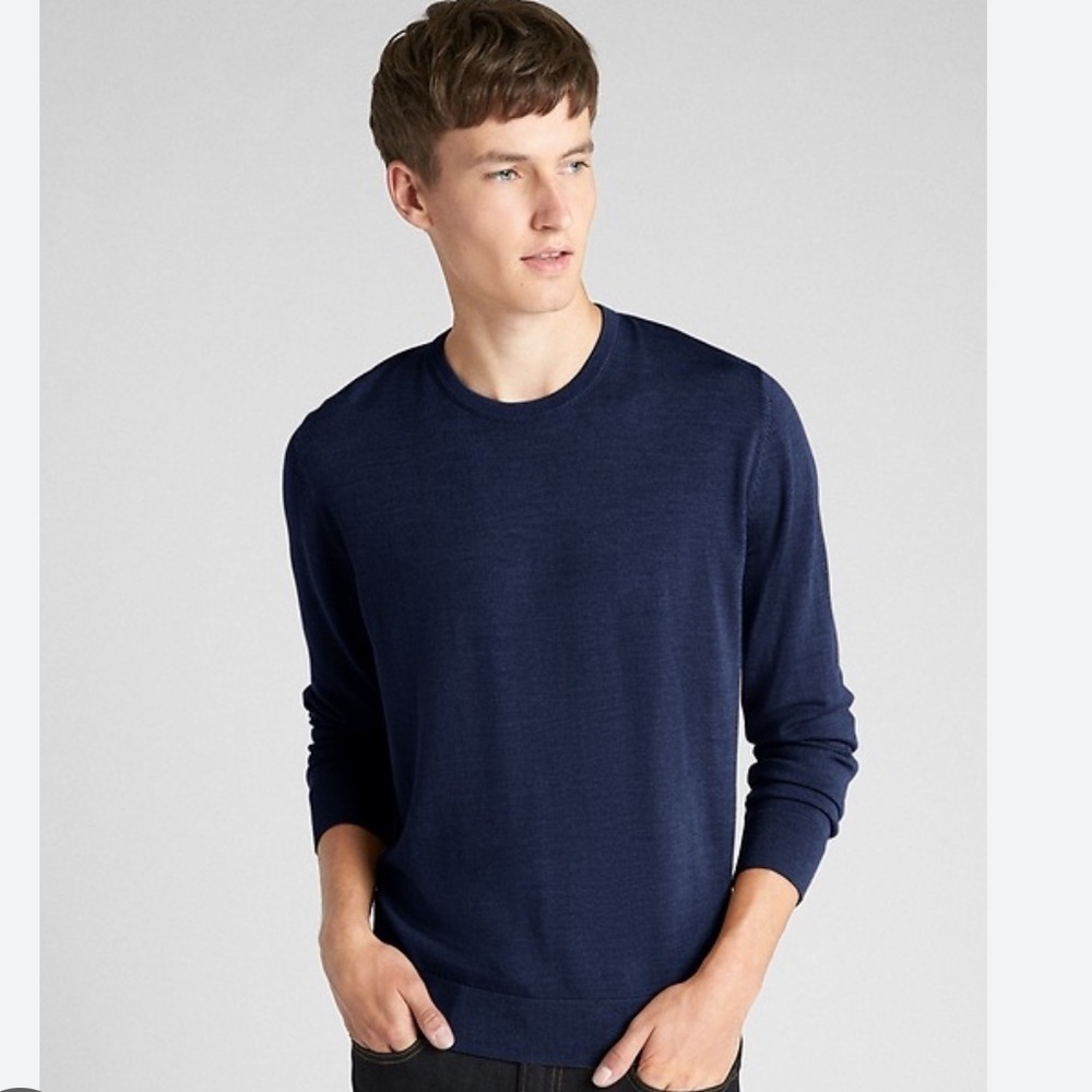 Gap 100% Merino Wool Navy Blue Crewneck Lightweight Sweater Machine Wash Sz XLT